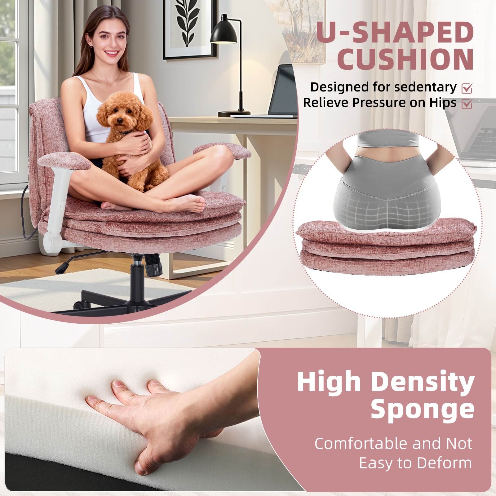 Criss Cross Chair With Wheels And Flip Arms, Upholstered Cross Legged Office Chair With 3 Layer Cushions&Dynamic Airbag Lumbar Support, Wide Seat Comfy Desk Chair For Home Office, Living Room, Pink_maomaolike.com